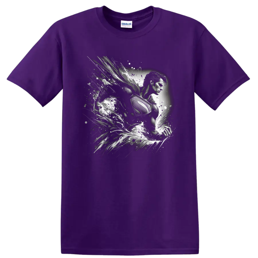 Superman in monochrome comic art with cosmic splashes and motion trails on a Purple T Shirt