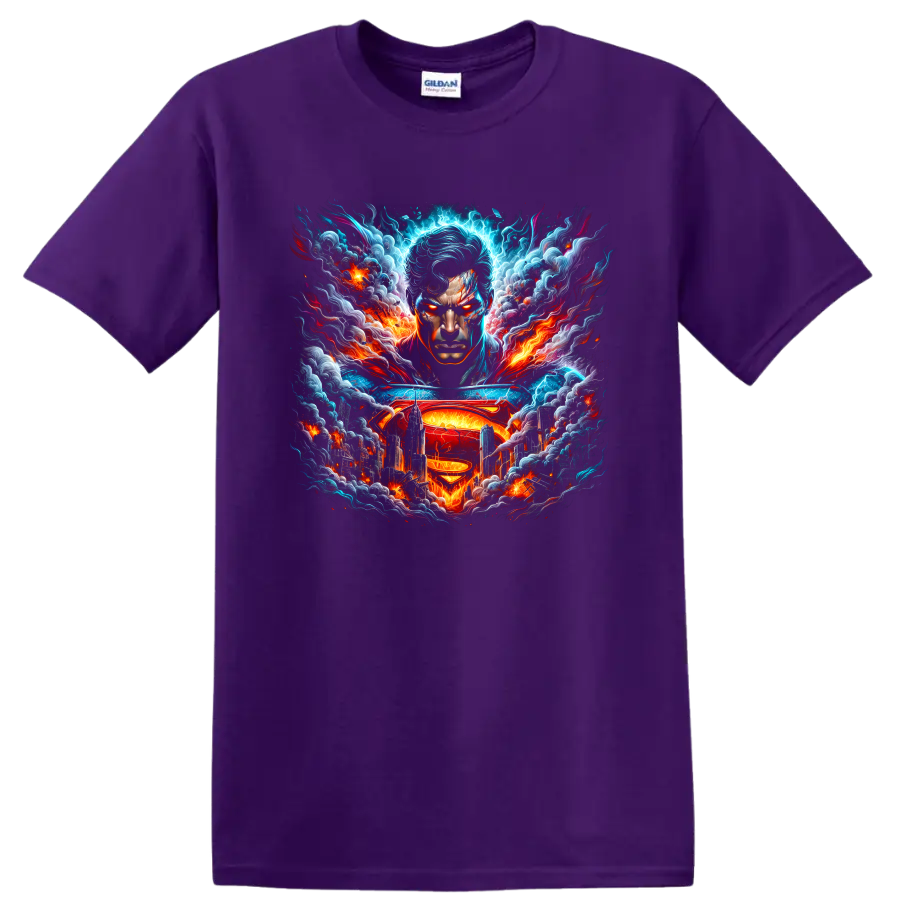 Superman portrait with S shield, lightning, flames, and futuristic city graphic art on a Purple T Shirt