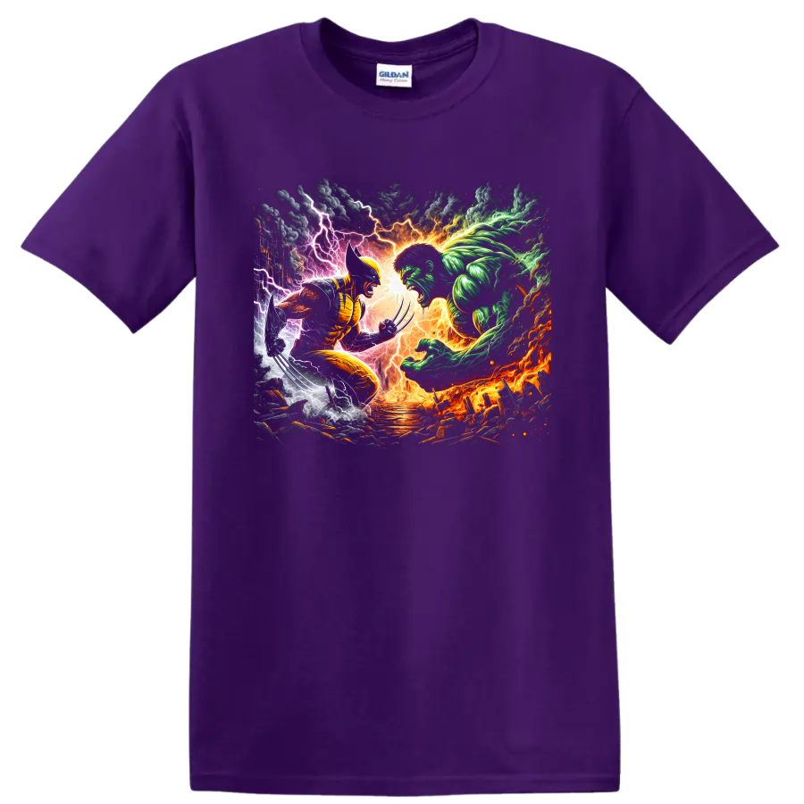 Wolverine vs Hulk comic art battle with claws, lightning, flames, and storm clouds on a Purple T Shirt