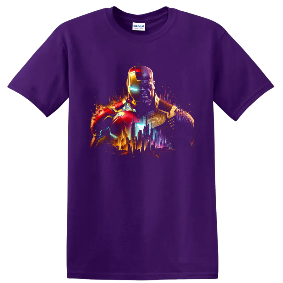 Iron Man and Thanos split armor portrait with neon futuristic city graphic on a Purple T Shirt