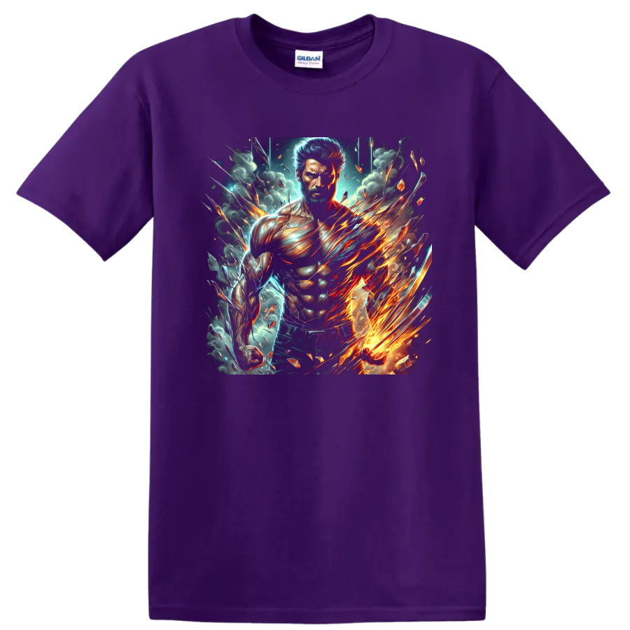 Wolverine fiery claw superhero warrior in explosive cosmic comic art on a Purple T Shirt