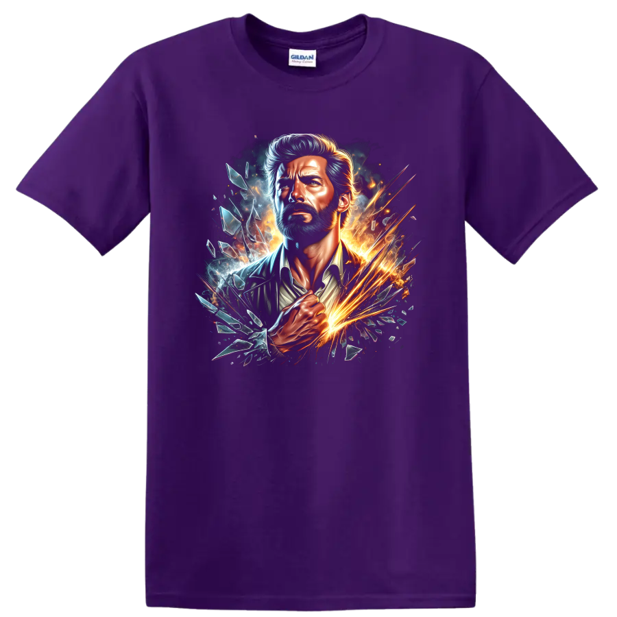 Old Man Logan Wolverine portrait with fiery sparks, blue energy, and shattered glass on a Purple T Shirt