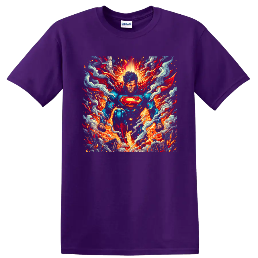 Superman fiery comic art graphic with red cape, chest emblem, smoke, and energy on a Purple T Shirt