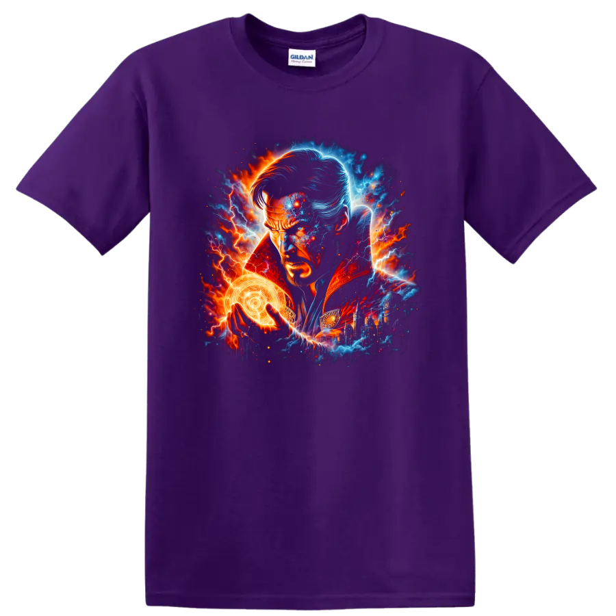Doctor Strange portrait with glowing magic circle, lightning, and cosmic superhero art on a Purple T Shirt