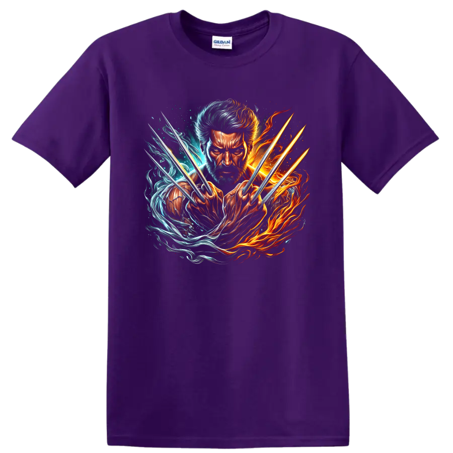 Wolverine Logan portrait with claws in fiery orange and icy blue comic art on a Purple T Shirt