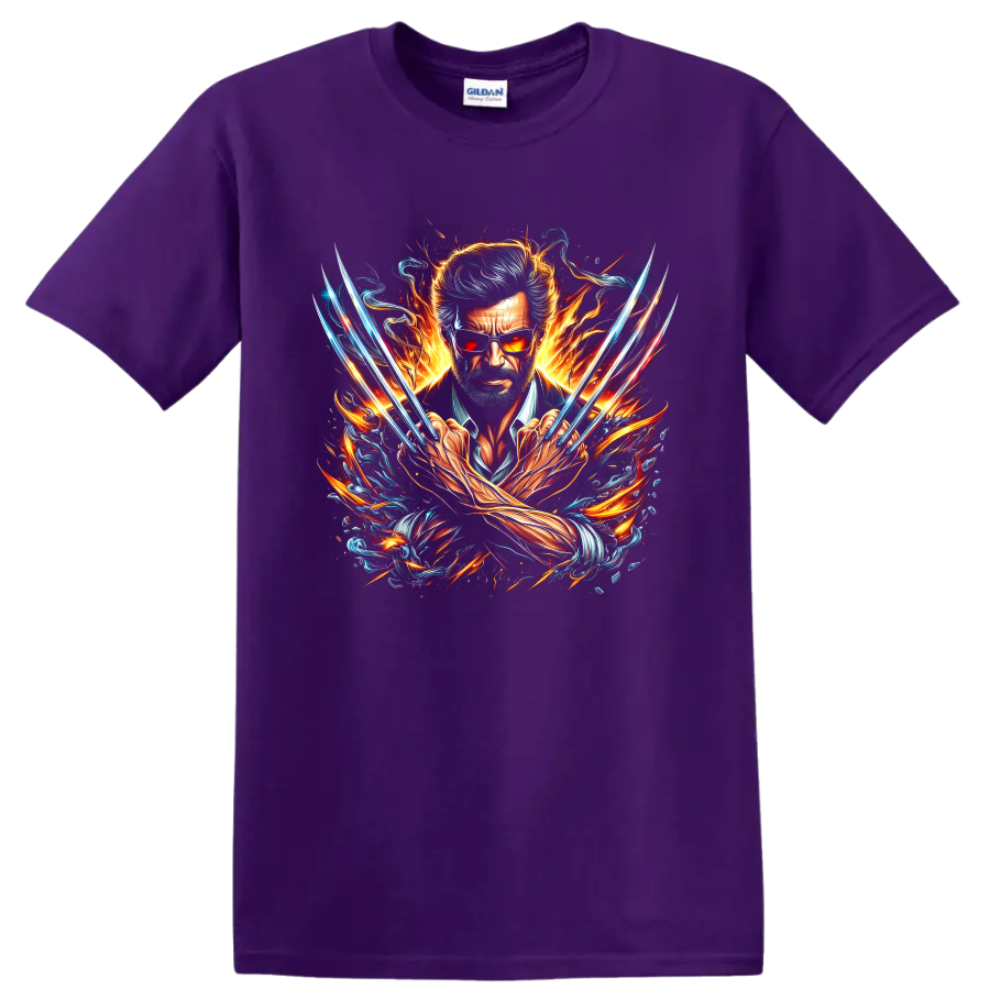Wolverine Logan portrait with metal claws, flames, and blue comic-style energy on a Purple T Shirt