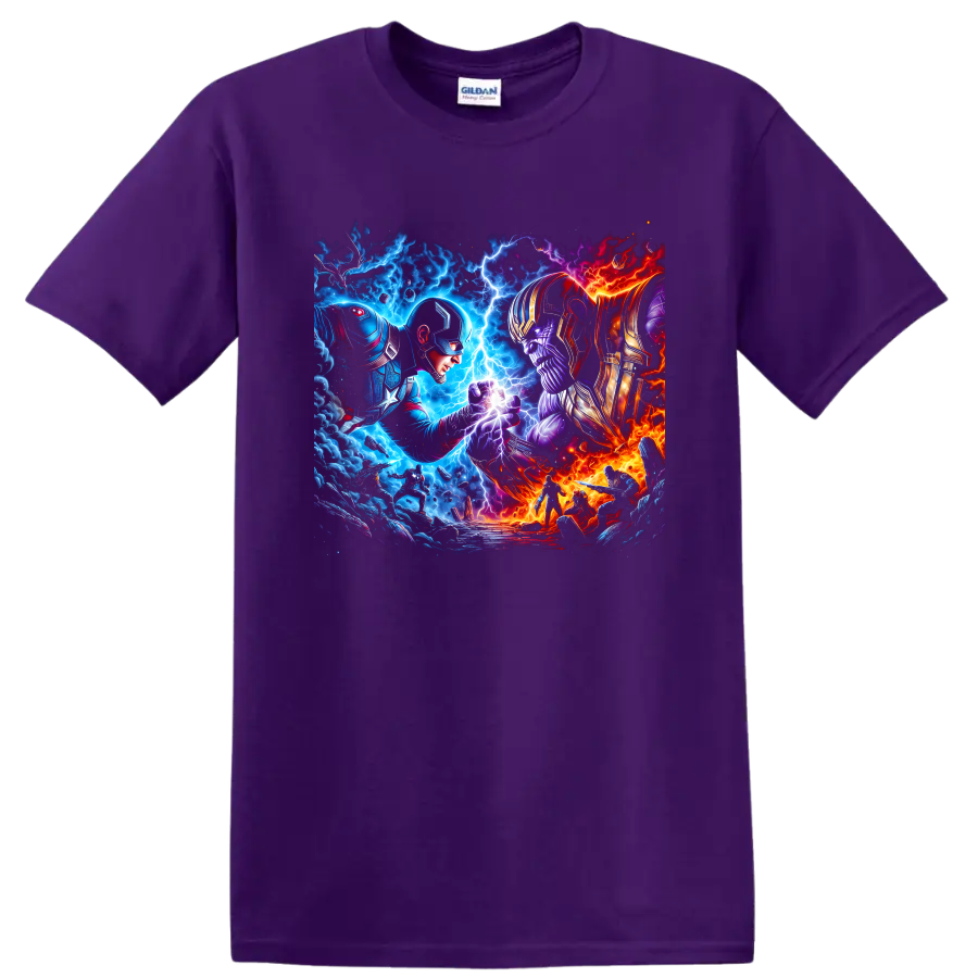 Captain America and Thanos in cosmic comic art battle with lightning and fire on a Purple T Shirt