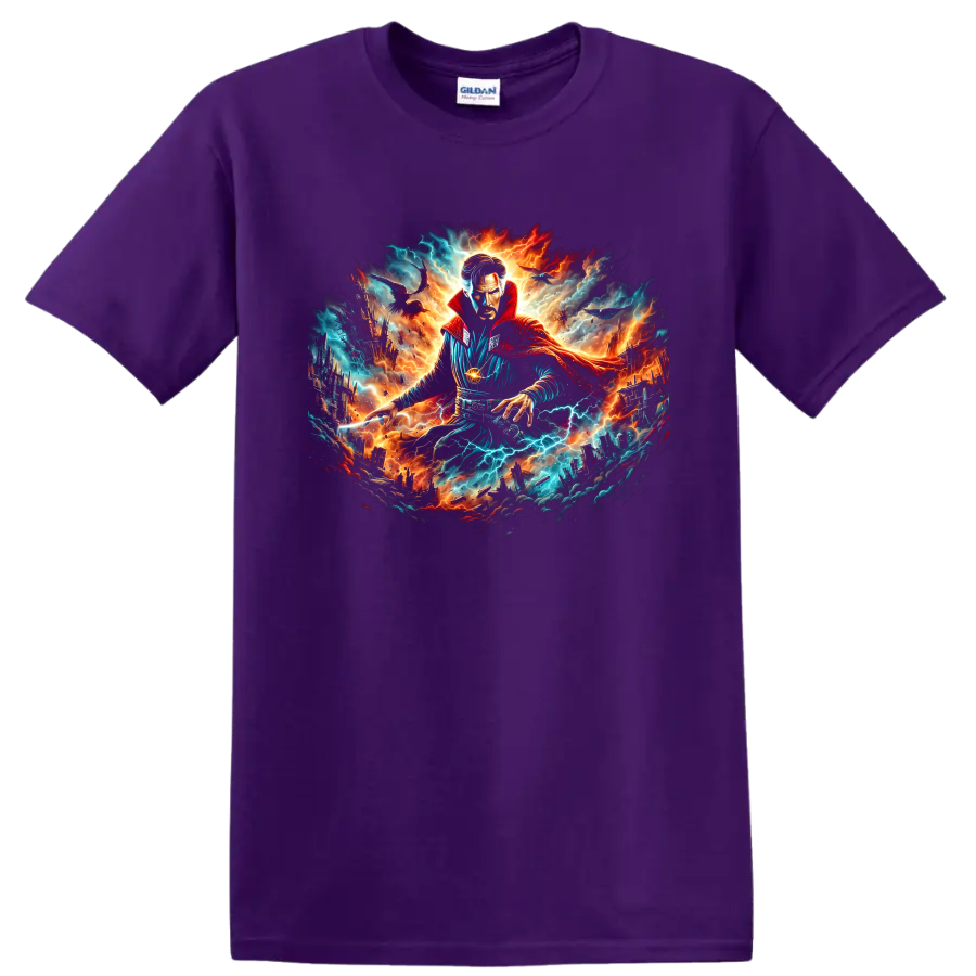 Doctor Strange cosmic fantasy art with lightning, fire, and futuristic city on a Purple T Shirt