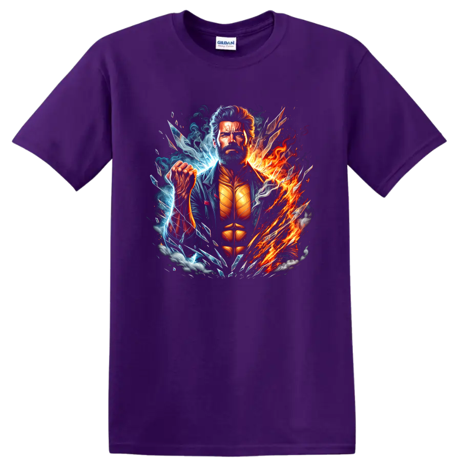 Wolverine superhero portrait with fire, ice energy, smoke, and shattered comic art on a Purple T Shirt
