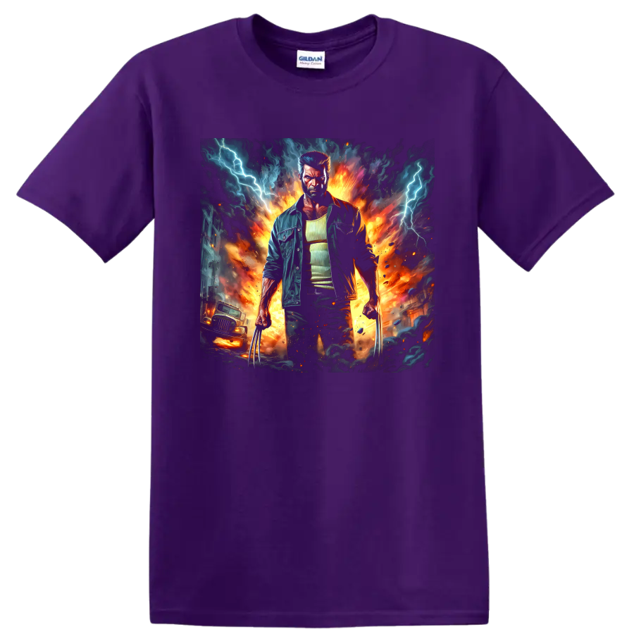 Wolverine clawed superhero in explosive fire and lightning comic art on a Purple T Shirt