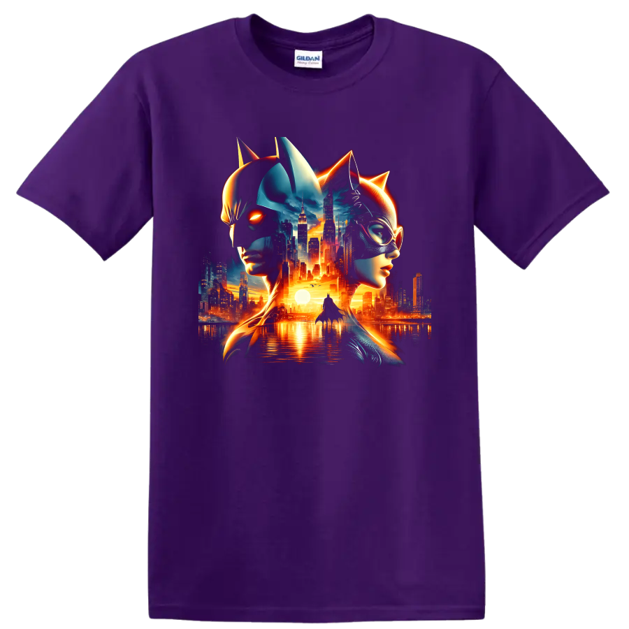 Batman and Catwoman neon city skyline dark art graphic print on a Purple T Shirt