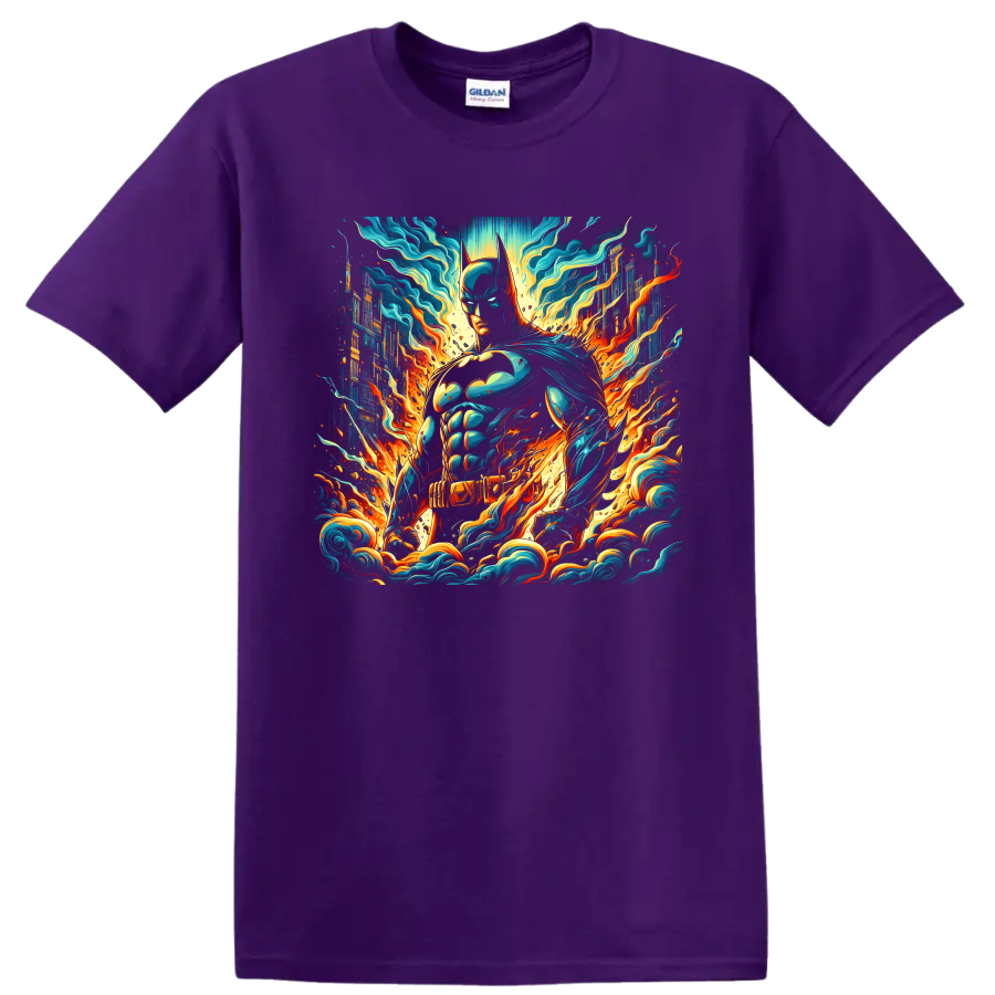 Batman comic art with neon cityscape, teal energy waves, and orange flames on a Purple T Shirt