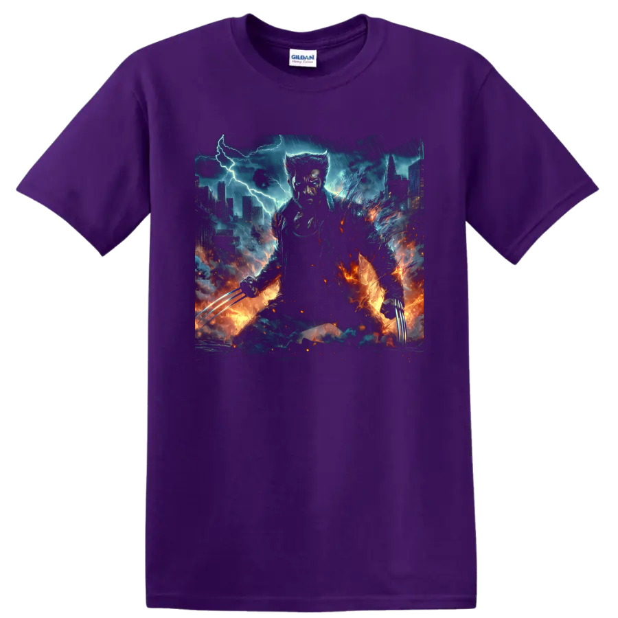 Wolverine storm city comic art with extended claws, lightning, and fire on a Purple T Shirt