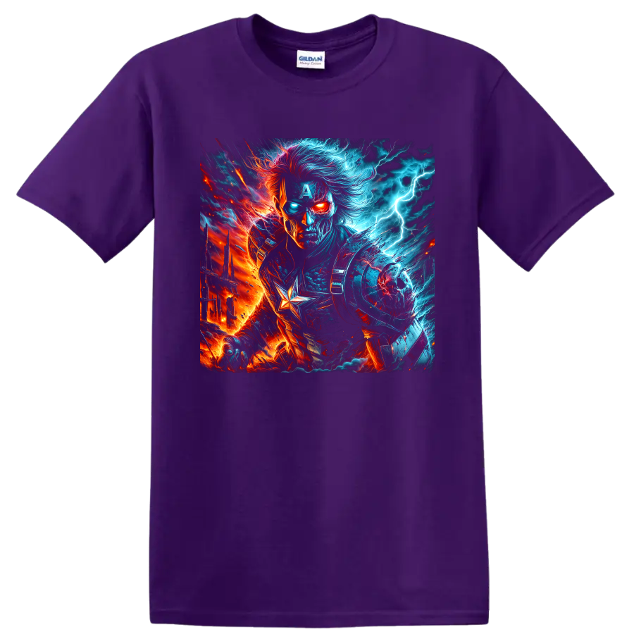Captain America fire and ice fantasy portrait with lightning and star emblem graphic on a Purple T Shirt