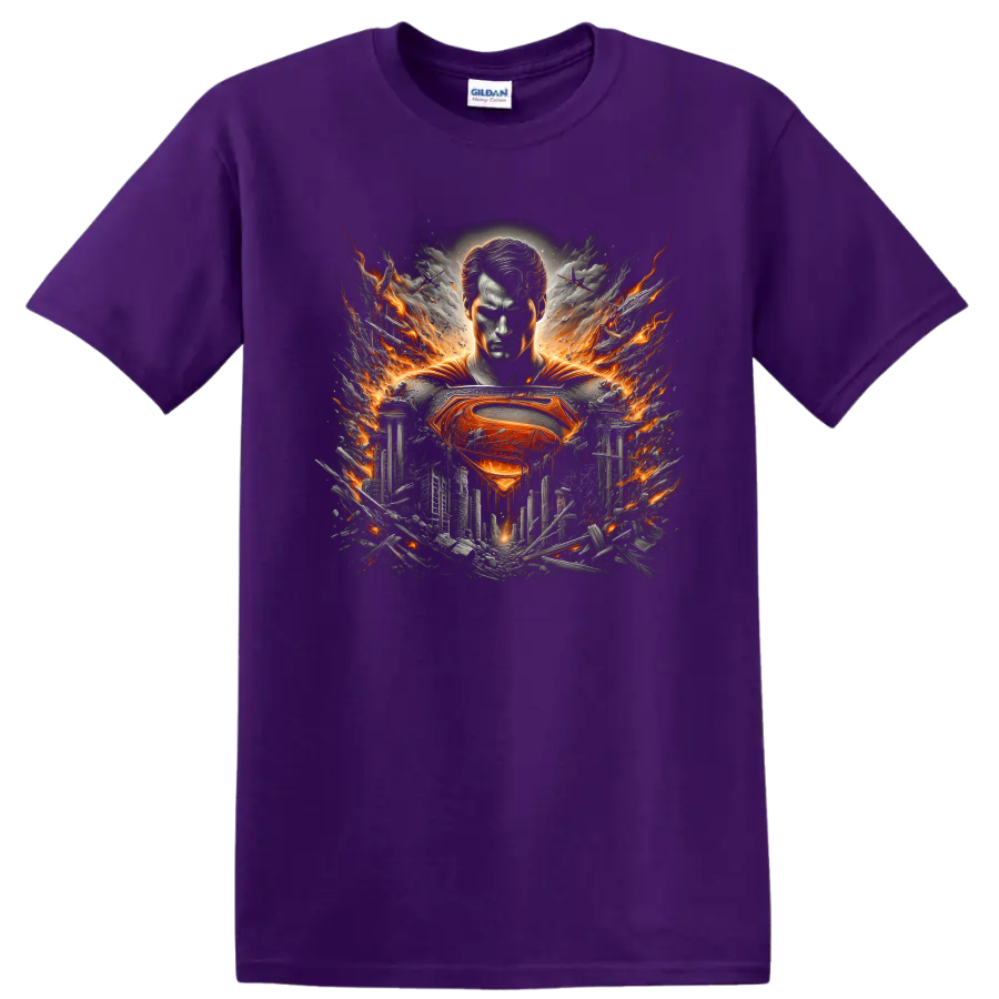 Superman with fiery emblem over a shattered city in cinematic comic book art on a Purple T Shirt