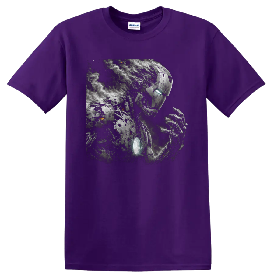 Iron Man battle-worn armor portrait with glowing reactor, smoke, and sparks on a Purple T Shirt