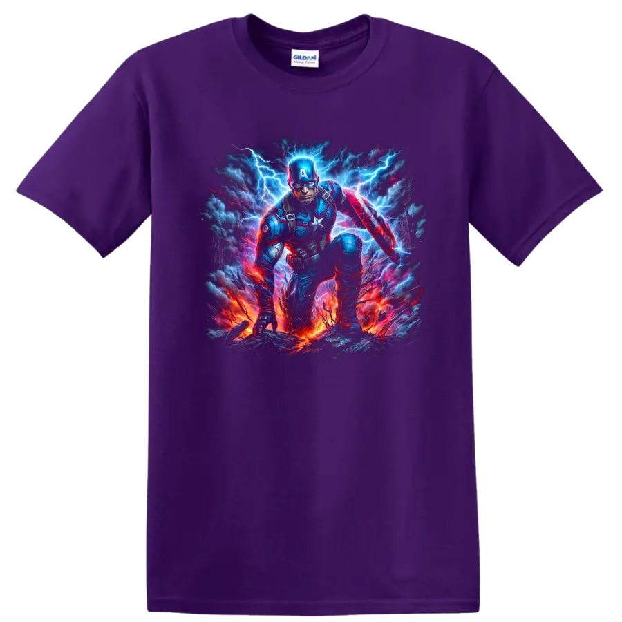 Captain America shield hero in electric lightning storm action graphic on a Purple T Shirt