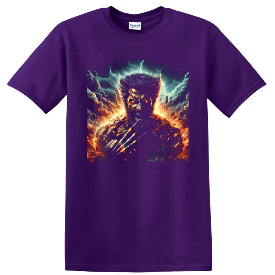 Wolverine revenge portrait with metal claws, lightning, fire, and storm artwork on a Purple T Shirt
