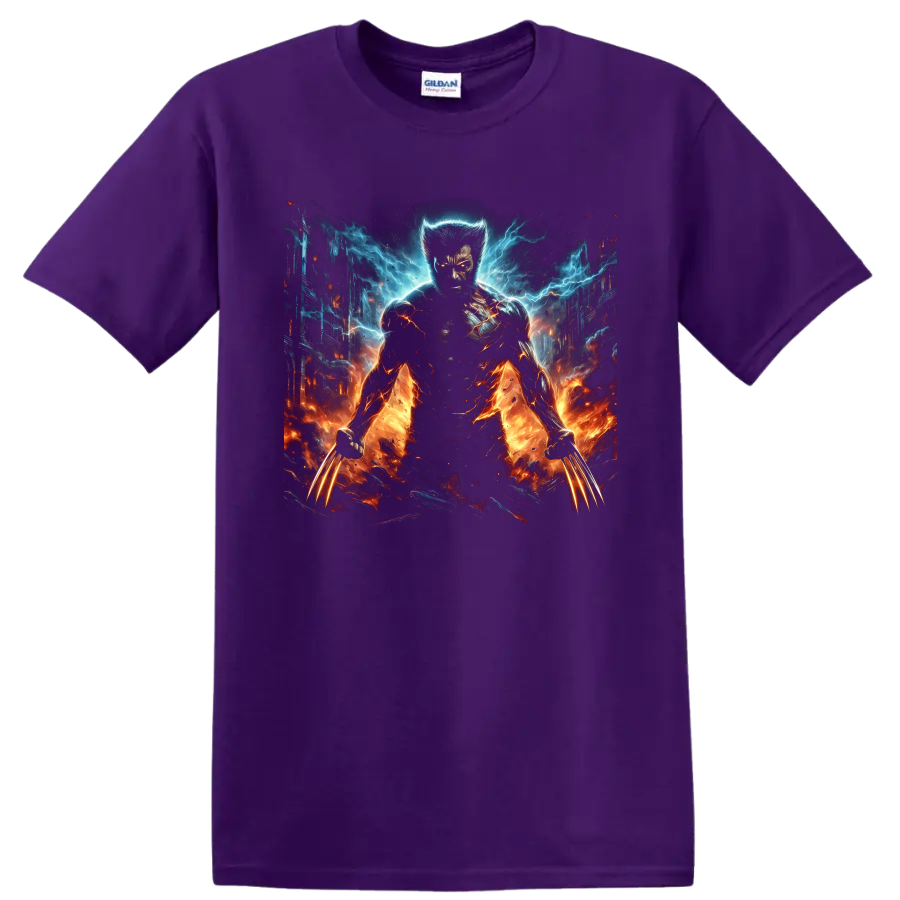 Wolverine comic-style hero with glowing claws, blue lightning, fire, and city backdrop on a Purple T Shirt