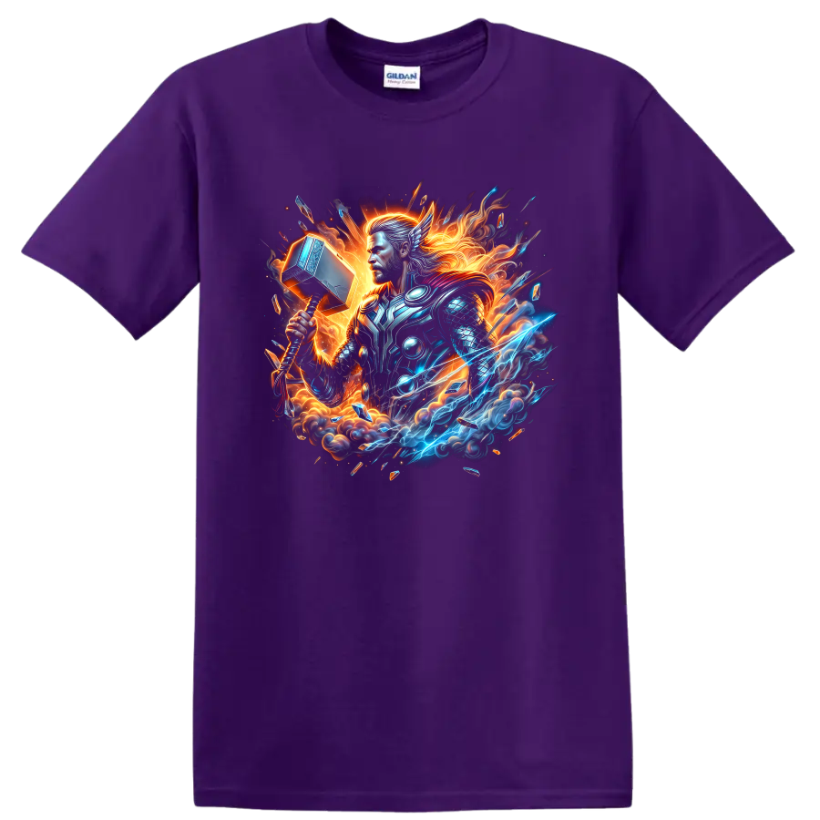 Thor armored hammer warrior in electric lightning and fiery fantasy graphic art on a Purple T Shirt