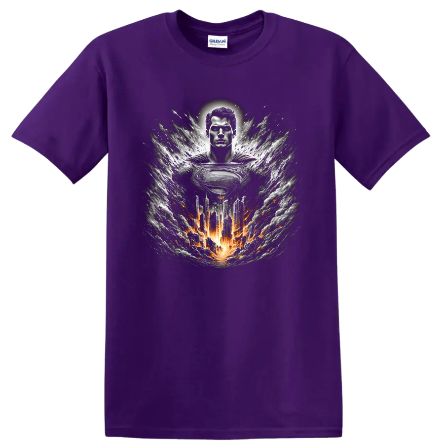 Superman with metallic emblem, fiery city, and swirling storm graphic art on a Purple T Shirt