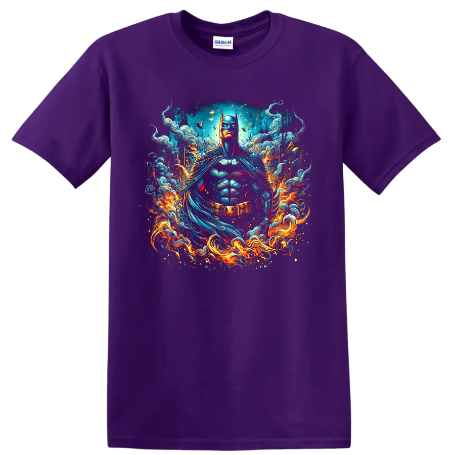 Batman neon comic art portrait with swirling blue waves, bats, and fiery flames on a Purple T Shirt