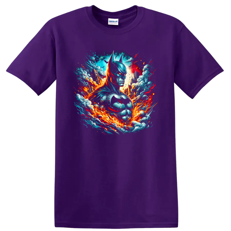 Batman comic art portrait with teal armor, fiery energy, clouds, and sparks on a Purple T Shirt