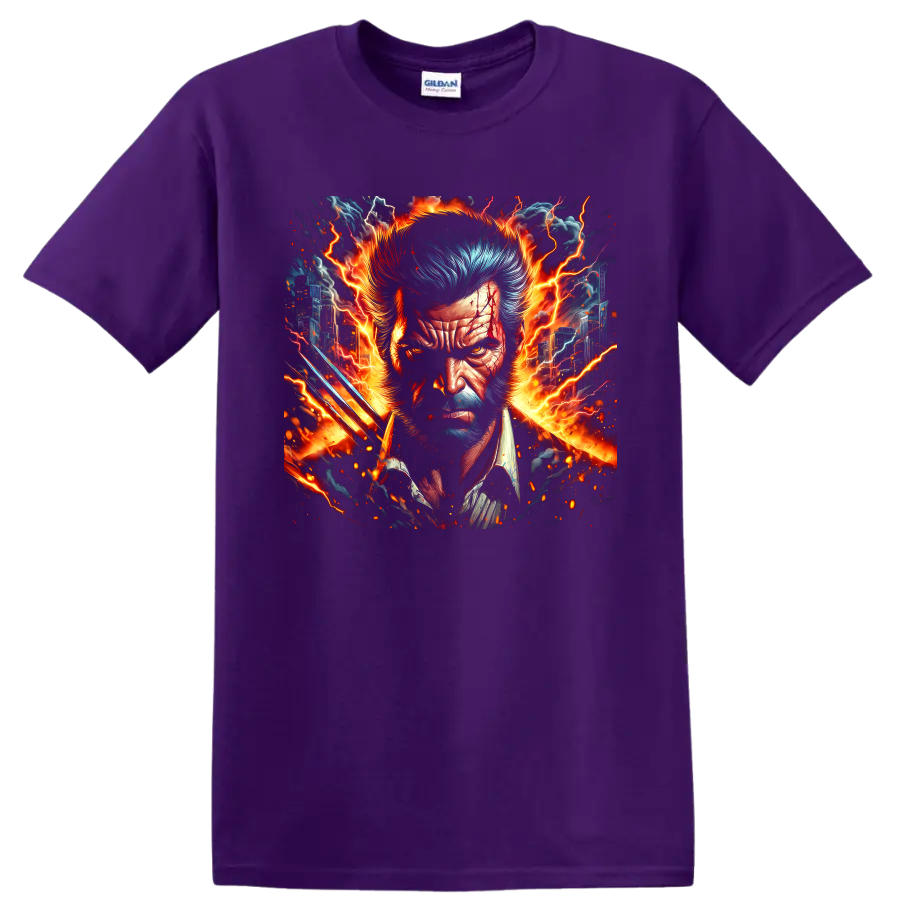 Wolverine portrait with claws, fiery lightning, and city comic art on a Purple T Shirt