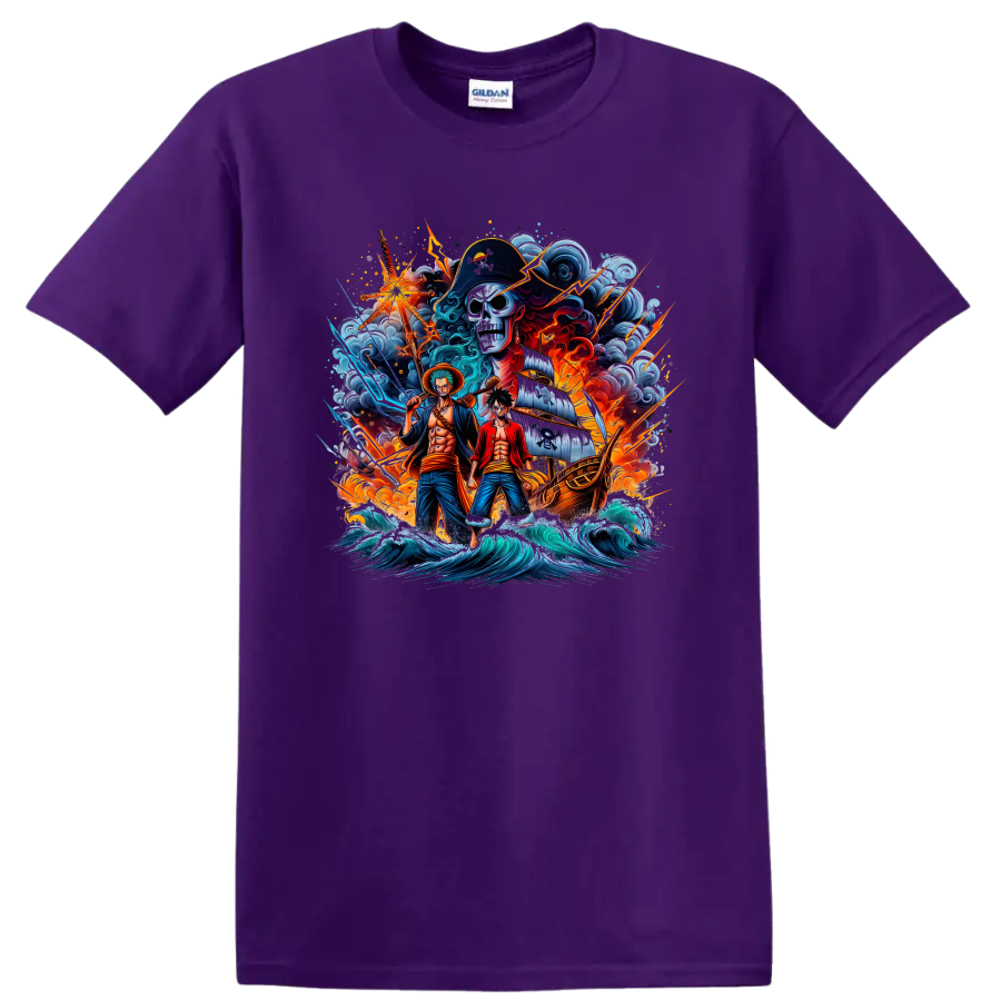 One Piece Luffy, Zoro, and Brook pirate ship adventure graphic print on a Purple T Shirt
