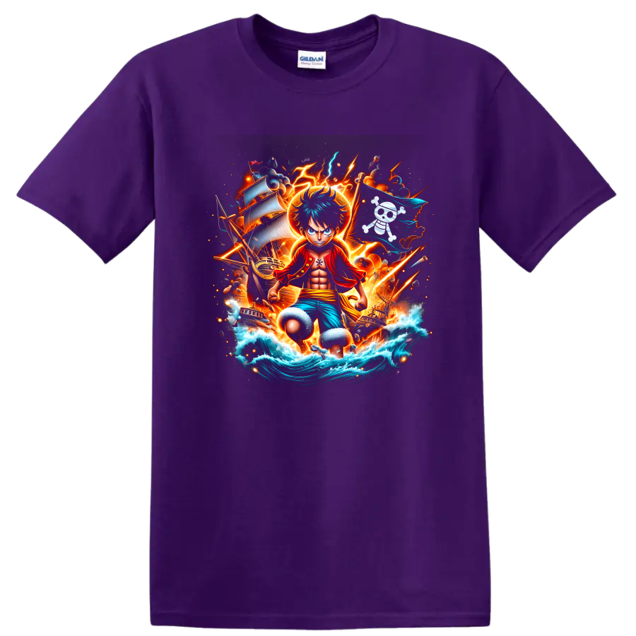 Monkey D. Luffy pirate adventure graphic with ships, lightning, waves, and pirate flag on a Purple T Shirt
