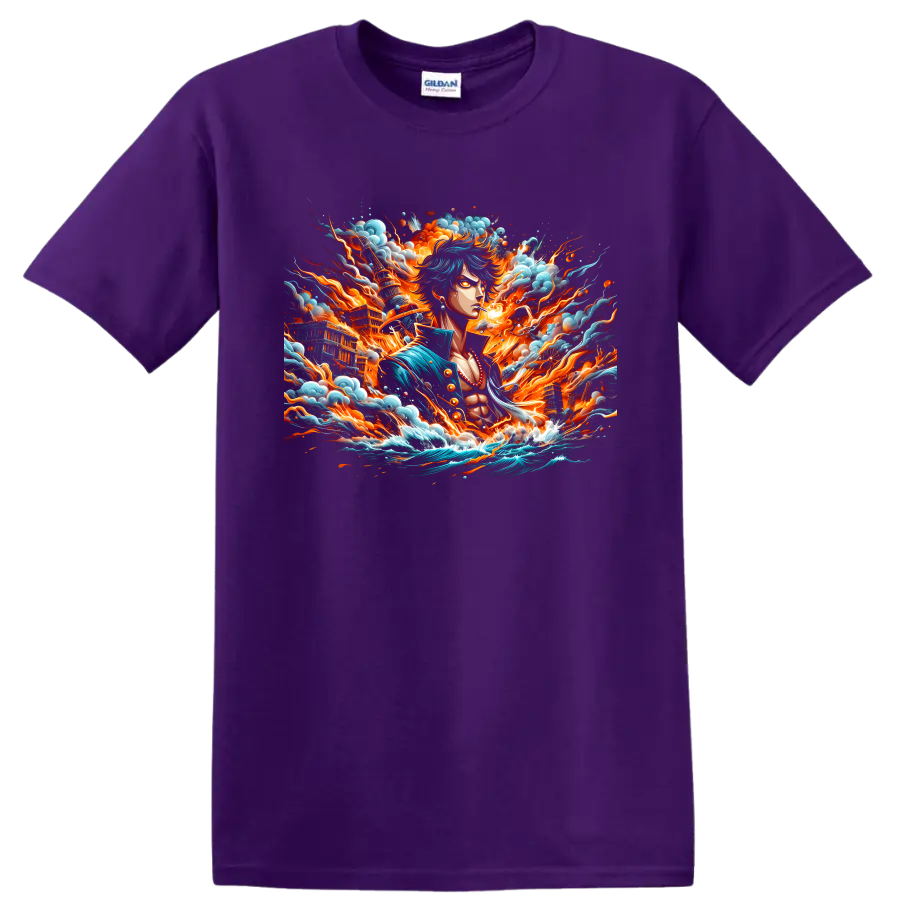 Monkey D. Luffy Gear 5 anime art with fiery energy, clouds, and crashing waves on a Purple T Shirt
