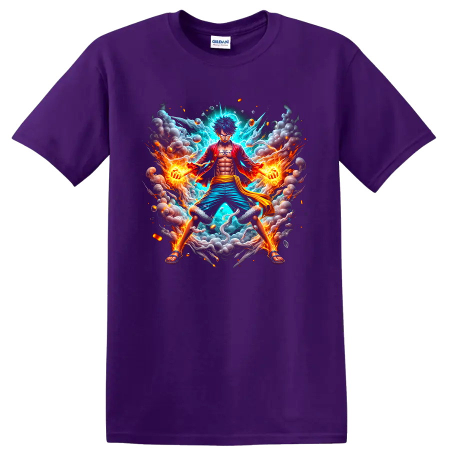 Monkey D. Luffy Gear 5 anime action graphic with fire, lightning, smoke, and sparks on a Purple T Shirt