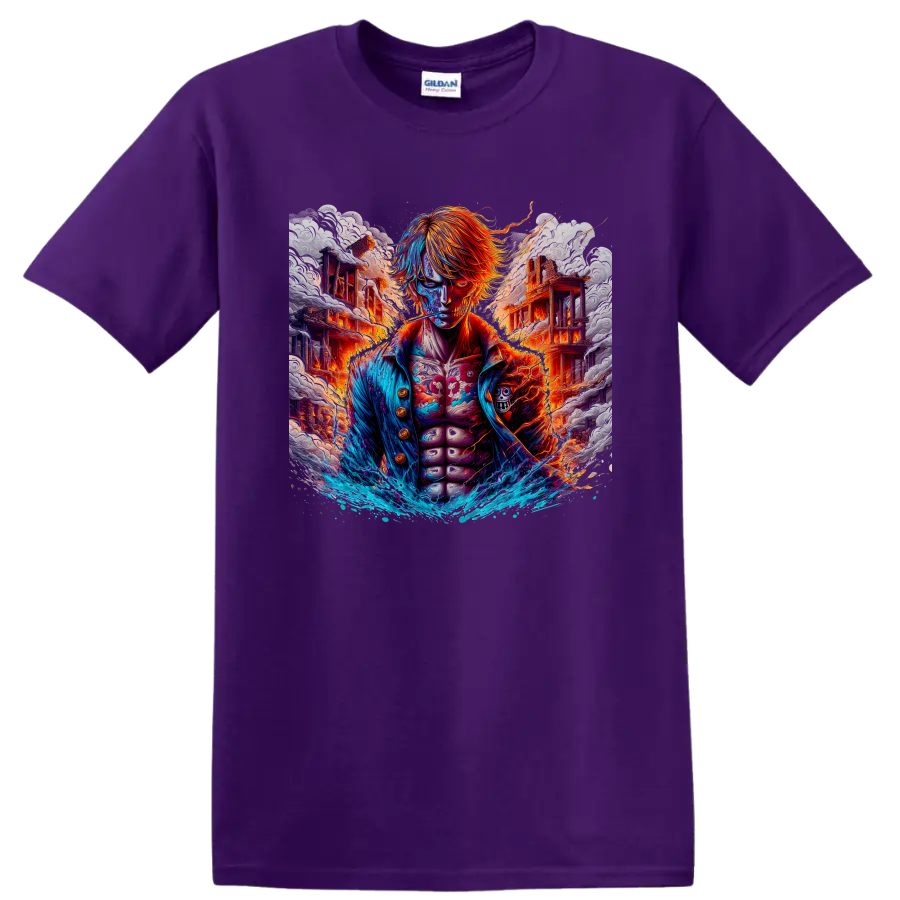 Sanji One Piece anime battle graphic with fire, blue water waves, and ruined buildings on a Purple T Shirt