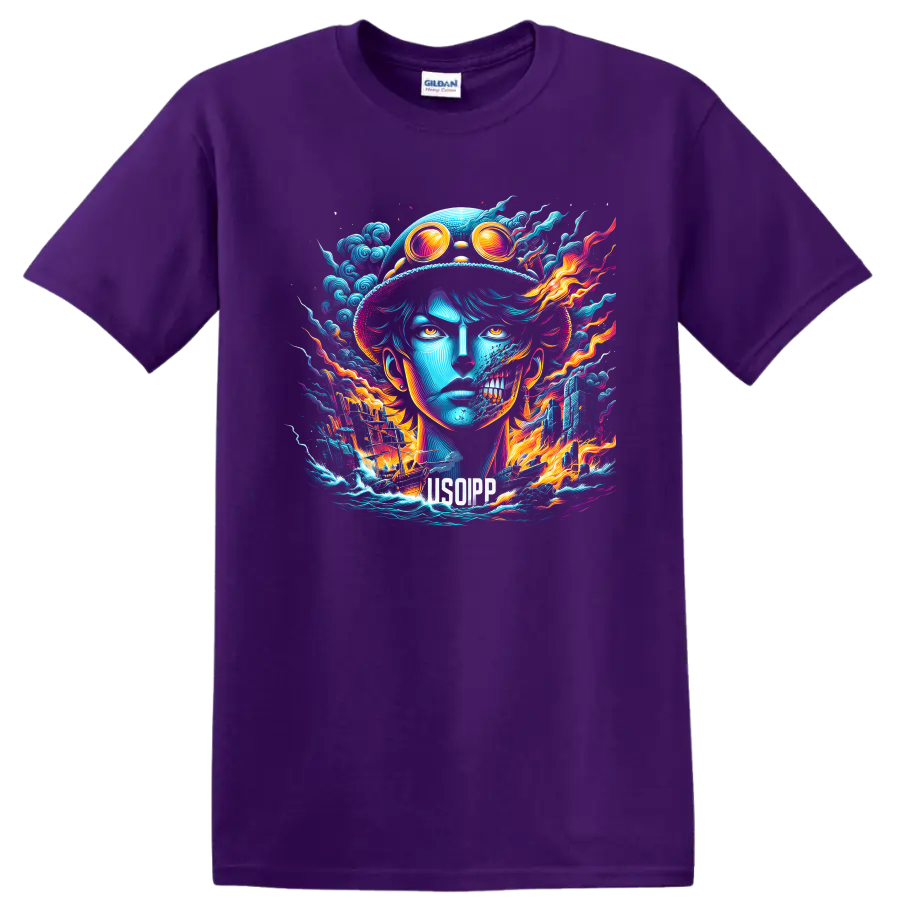 Usopp neon pirate portrait with goggles, skull effect, waves, ship, and flames on a Purple T Shirt