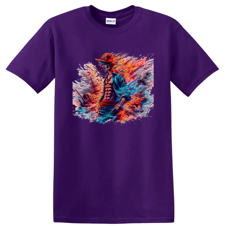 Portgas D. Ace fire pirate battle graphic with ships, flames, and ocean energy on a Purple T Shirt