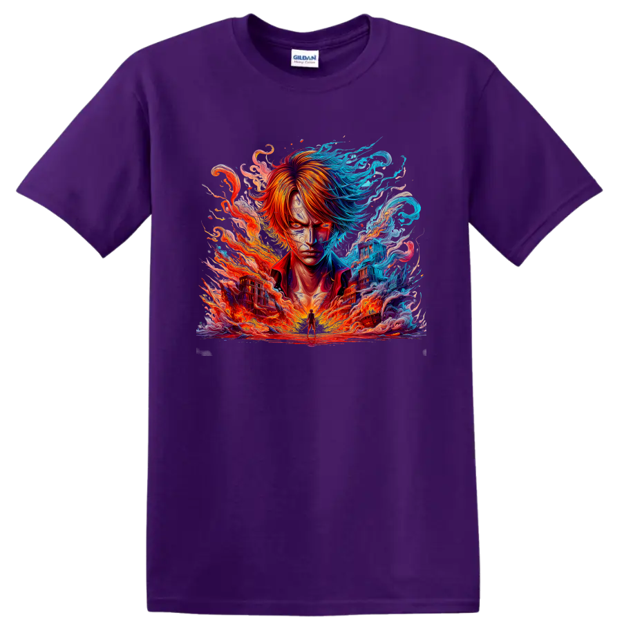 Shanks anime portrait with fire, waves, and vivid blue and orange energy on a Purple T Shirt