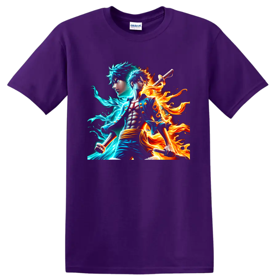 Monkey D. Luffy and Portgas D. Ace anime warrior art with cyan energy and flames on a Purple T Shirt