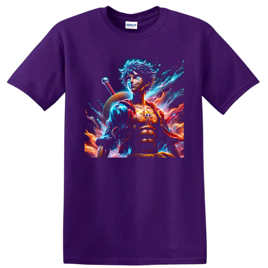 Monkey D. Luffy Gear 5 neon anime pirate warrior with straw hat and energy waves on a Purple T Shirt