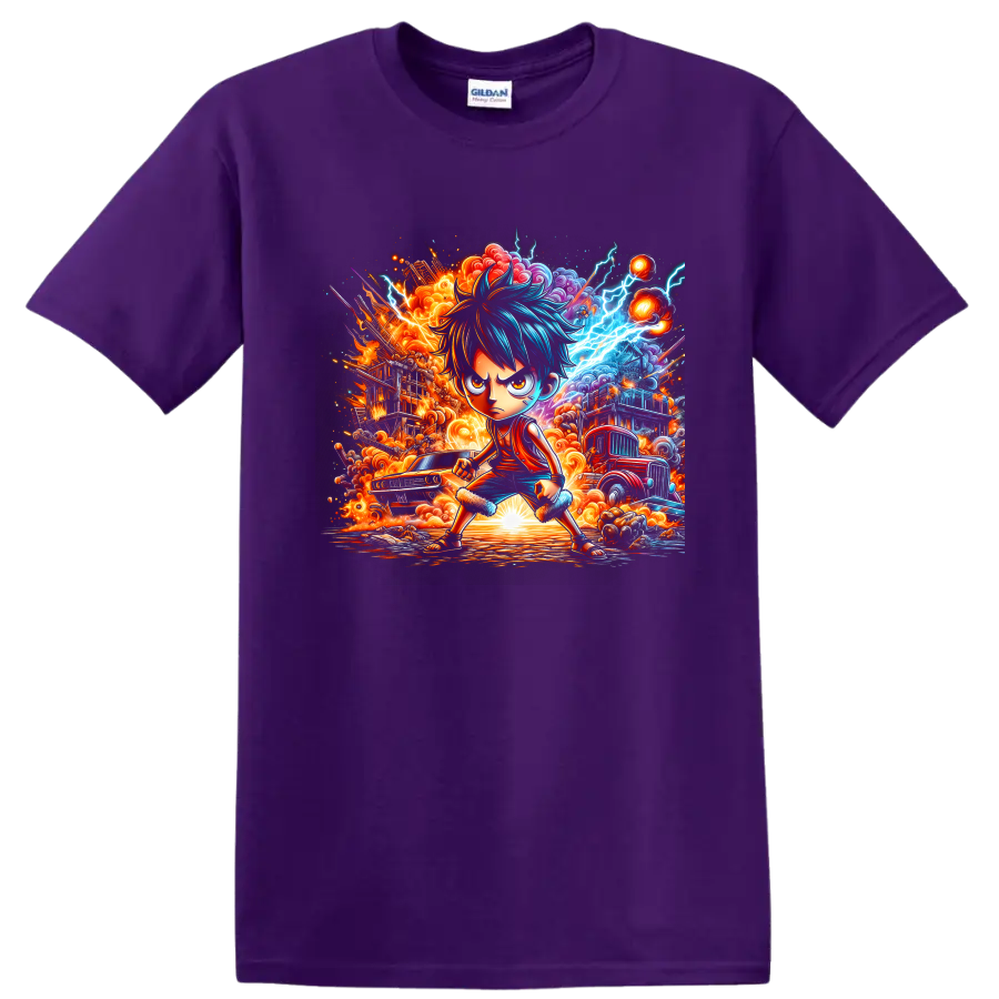 Monkey D. Luffy Gear 5-inspired anime fighter with fiery clouds and blue lightning on a Purple T Shirt
