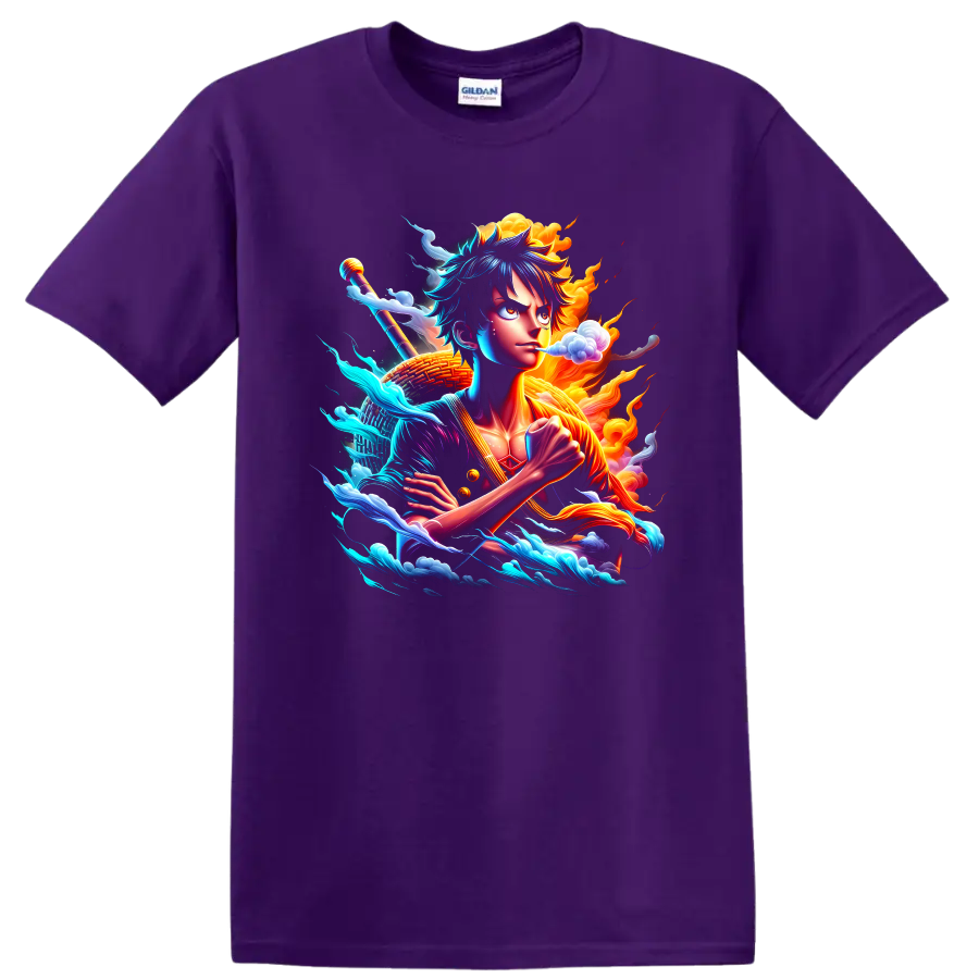 Monkey D. Luffy Gear 5-inspired anime action art with waves, clouds, and flames on a Purple T Shirt