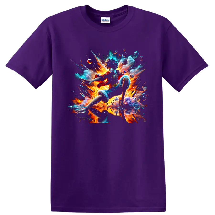 Monkey D. Luffy Gear 5 fiery anime action graphic with clouds and energy bursts on a Purple T Shirt