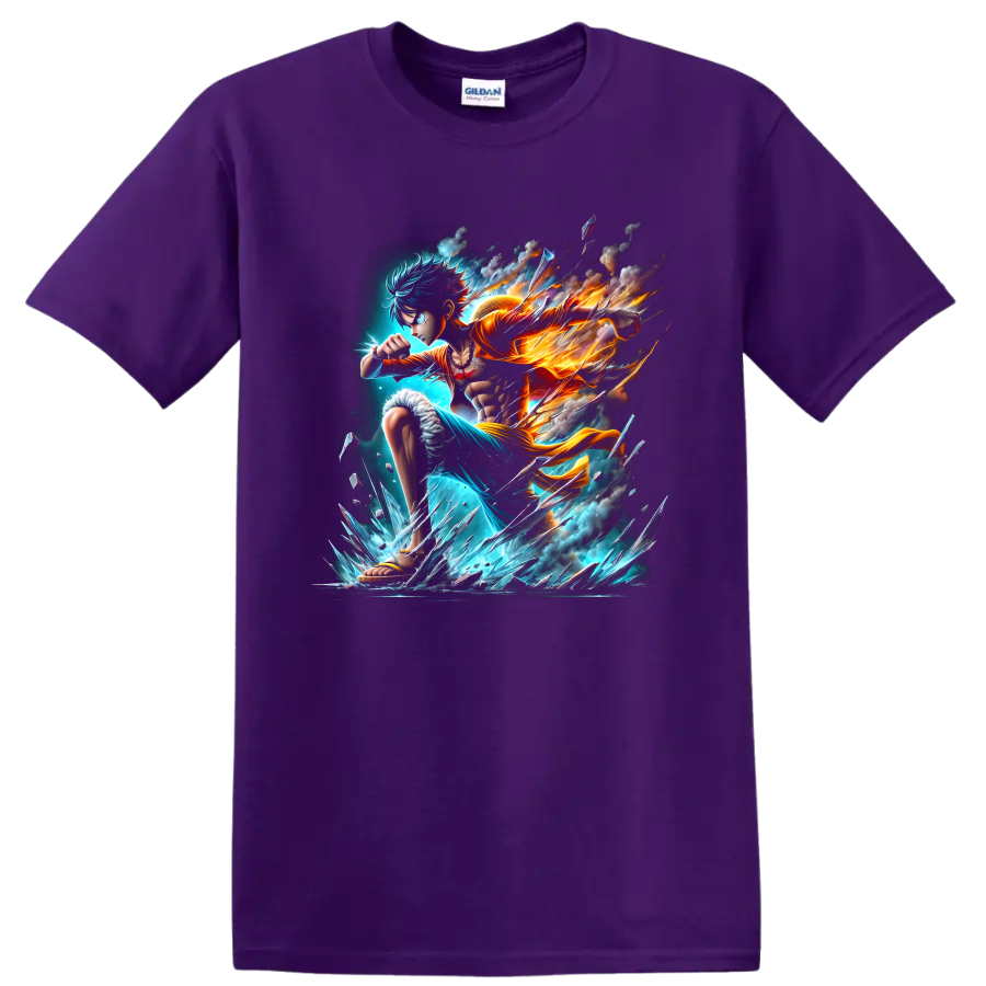Monkey D. Luffy Gear 5-inspired anime warrior with fire, blue energy, and ice shards on a Purple T Shirt