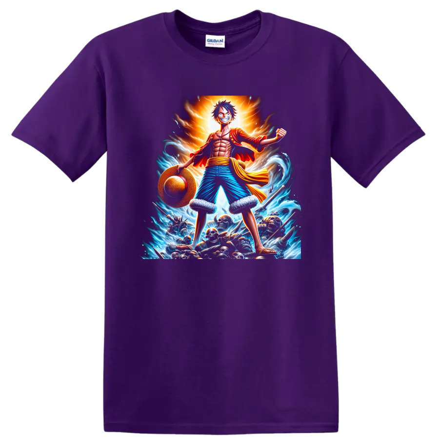 Monkey D. Luffy One Piece pirate battle graphic with waves, straw hat, and glowing aura on a Purple T Shirt