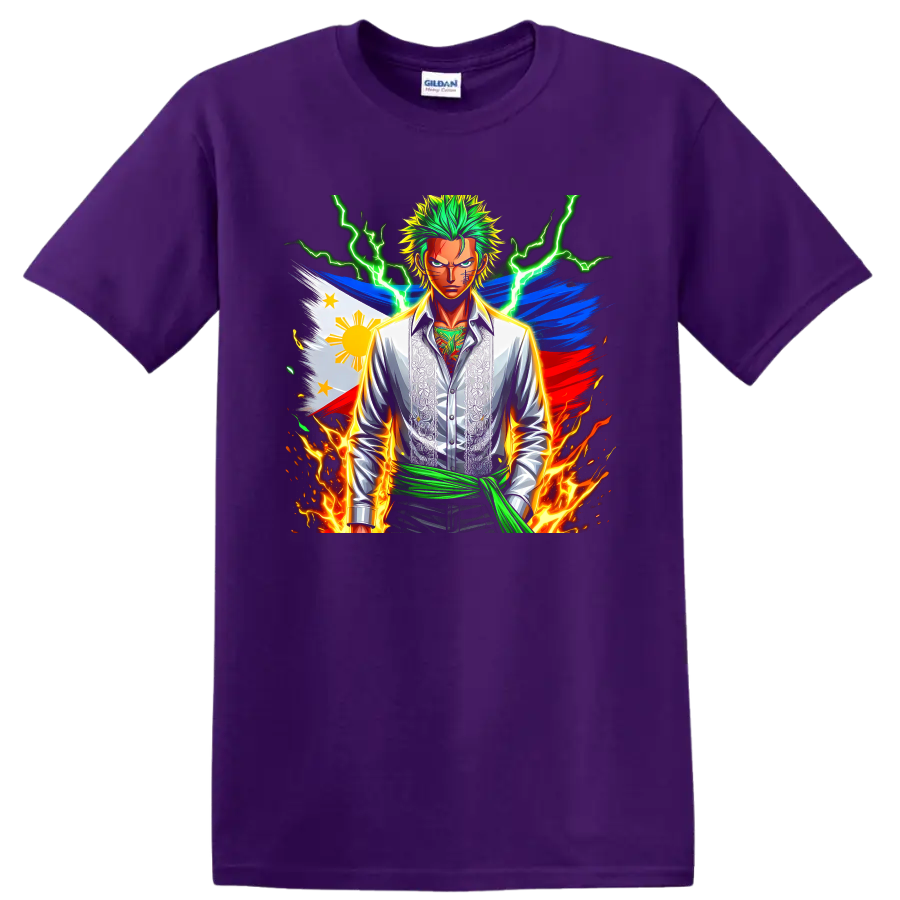 Roronoa Zoro anime graphic with Philippine flag, green lightning, and flames on a Purple T Shirt