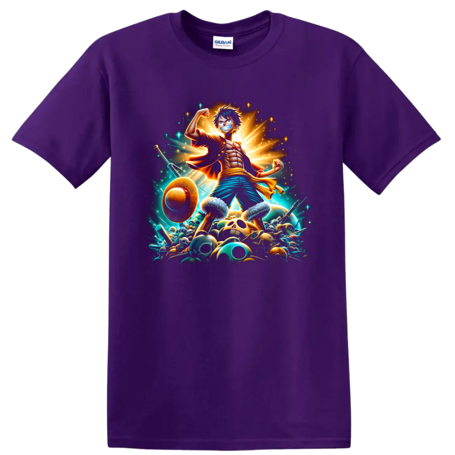 Monkey D. Luffy anime pirate hero graphic with straw hat, swords, skulls, and radiant on a Purple T Shirt