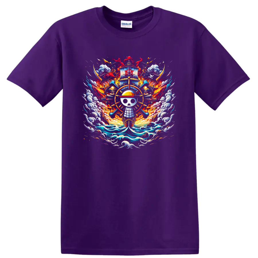 One Piece Straw Hat Pirates skull emblem with ship, waves, and fiery anime art on a Purple T Shirt