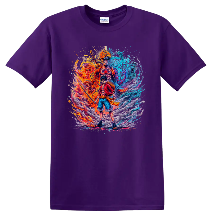 Monkey D. Luffy and Naruto Uzumaki fire and water anime graphic art on a Purple T Shirt