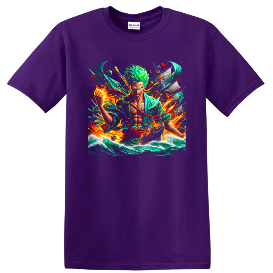 Roronoa Zoro anime swordsman with pirate ship, ocean waves, and fiery energy on a Purple T Shirt