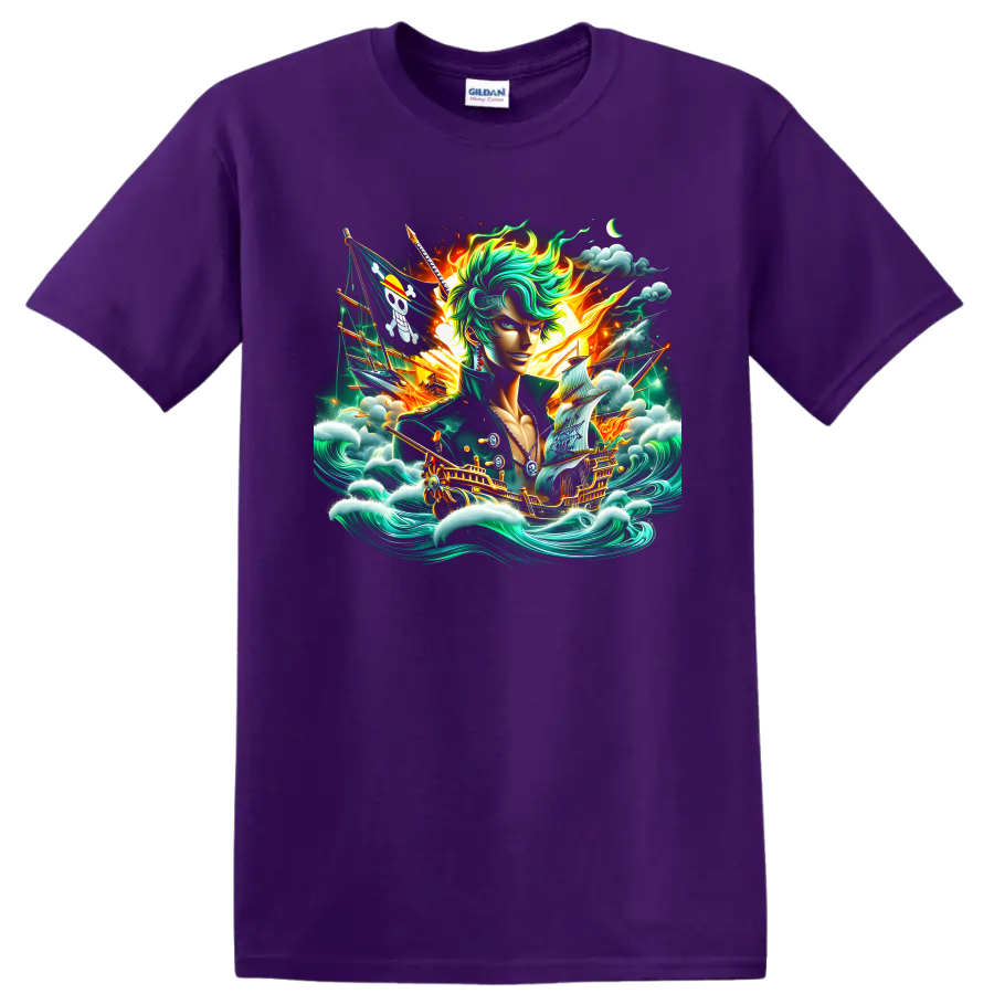 Roronoa Zoro anime fantasy art with pirate ships, ocean waves, clouds, and fiery light on a Purple T Shirt