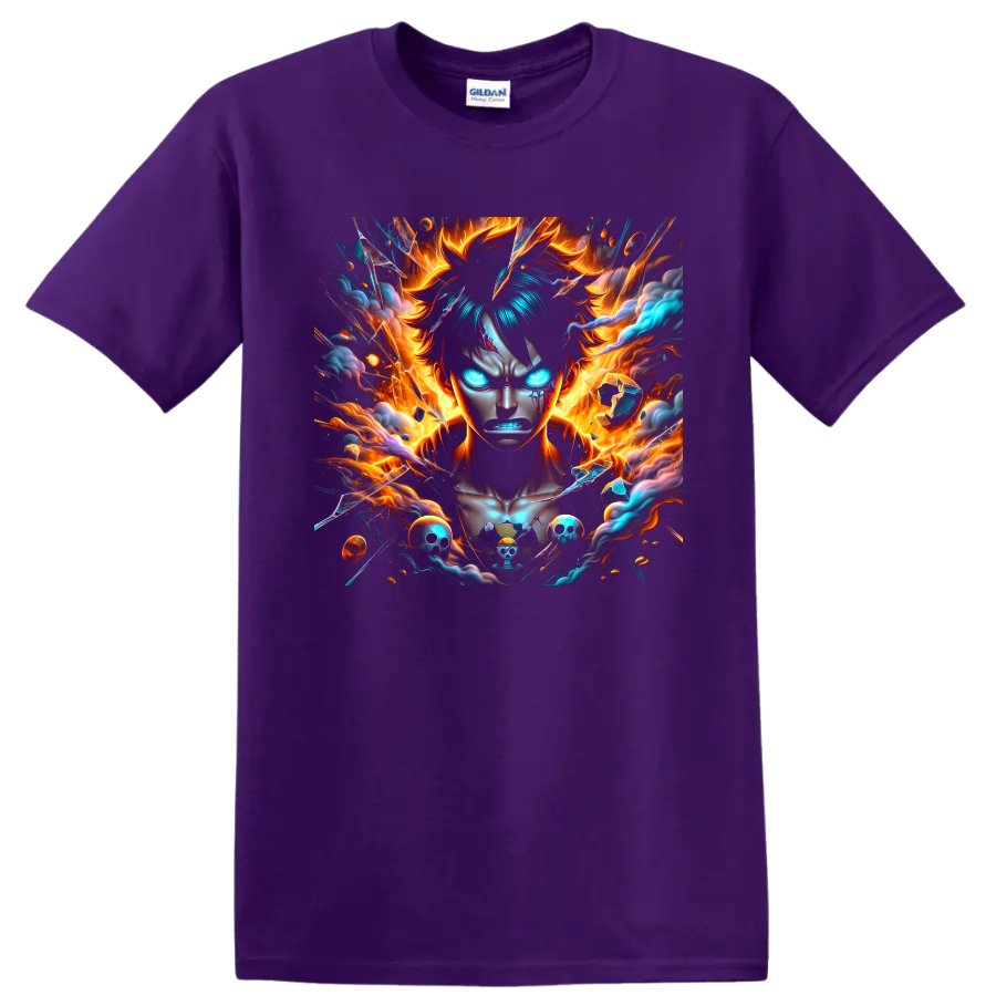 Monkey D. Luffy Gear 5 anime portrait with flames, blue energy, and pirate skulls on a Purple T Shirt